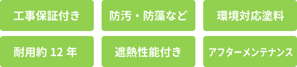 工事保証付き、防汚・防藻など、環境対応塗料、耐用約12年、遮熱性能付き、アフターメンテナンス