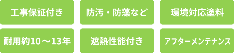 工事保証付き、防汚・防藻など、環境対応塗料、耐用約10～13年、遮熱性能付き、アフターメンテナンス