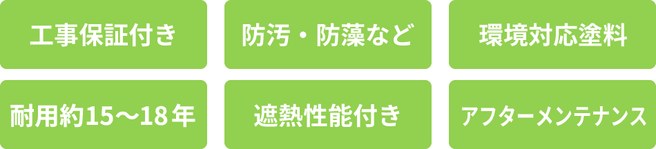 工事保証付き、防汚・防藻など、環境対応塗料、耐用約15～18年、遮熱性能付き、アフターメンテナンス